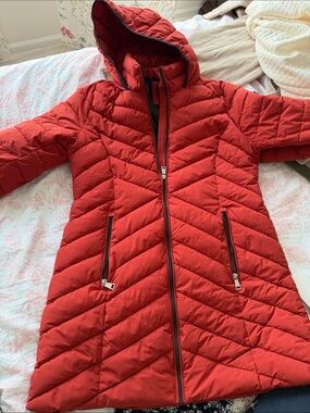 DKNY Red Quilted Hooded Long Puffer Coat